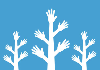 White up hands, tree concept on blue background, Concept of raising hands to express opinions, isolated hands. paper cut style.