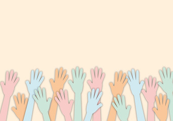 Colourful up hands on orange background, Hands of  different colours, Concept of raising hands to express opinions, isolated hands. paper cut style.