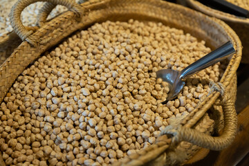 Image of healthy food dry chickpeas in store, nobody