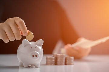 Hand putting coin to piggy bank and counting the financial expenses according to the home office...