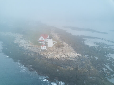 Aerial Drone image of the Hendricks Point Lighthouse in Boothbay Maine