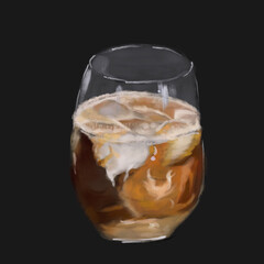 Glass of latte coffee with ice | watercolor coffee illustration on black background 