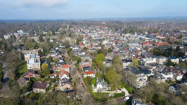 High jib up of beautiful small town on a bright, sunny day