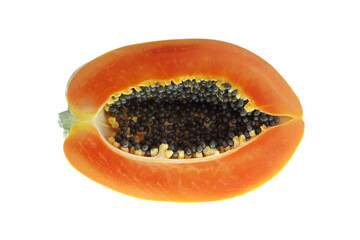 Papaya cut in half on white background.