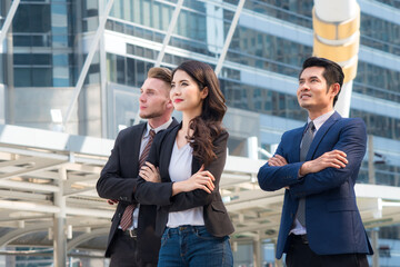 Team of people smart man and woman look forward and feeling confidence at outdoor space. Business life concept.