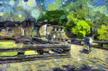 Ancient stone castle in Thailand Illustrations creates an impressionist style of painting.