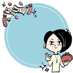 Senior woman with money and purse, round frame