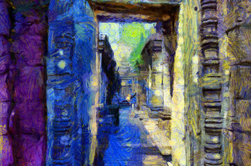 Fototapeta na wymiar Ancient stone castle in Thailand Illustrations creates an impressionist style of painting.