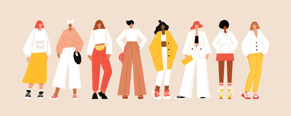 Group of diverse young modern women wearing trendy clothes. Casual stylish city street style fashion outfits. Woman power concept banner. Hand drawn characters colorful vector illustration.
