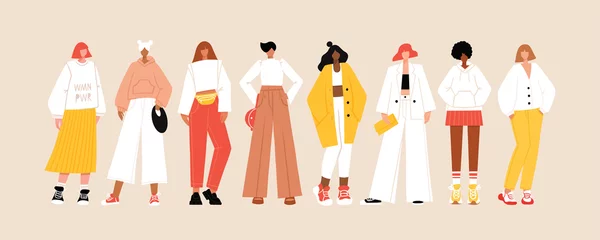 Fotobehang Group of diverse young modern women wearing trendy clothes. Casual stylish city street style fashion outfits. Woman power concept banner. Hand drawn characters colorful vector illustration. © Alena
