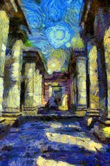 Fototapeta premium Ancient stone castle in Thailand Illustrations creates an impressionist style of painting.