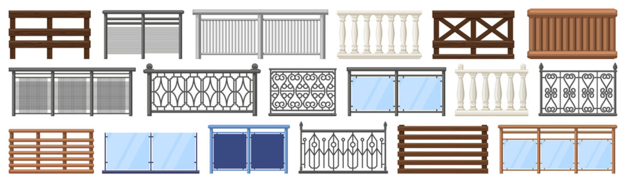 Balcony railing. Metal, wooden and stone decorative balcony fences, terrace fencing isolated vector illustration set. Home facade balcony elements