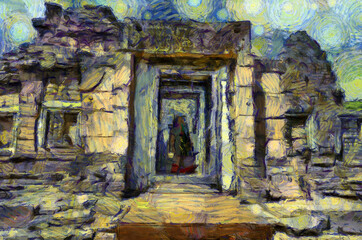 Fototapeta na wymiar Ancient stone castle in Thailand Illustrations creates an impressionist style of painting.