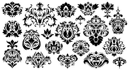 Damask floral ornament. Vintage rococo ornaments, baroque figured decorative elements vector illustration set. Abstract damask antique patterns