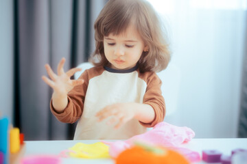 Happy Child Sitting at the Table Playing with Plasticine 