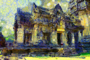 Ancient stone castle in Thailand Illustrations creates an impressionist style of painting.