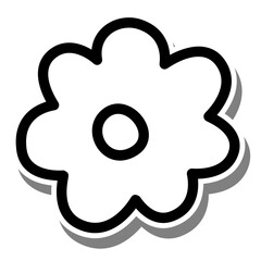 Black line little a flower on white silhouette and gray shadow. Hand drawn cartoon style. Doodle for decoration or any design. Vector illustration of kid art.