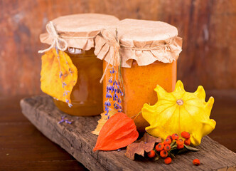 Vegan food. Delicious homemade caviar from vegetables - zucchini, carrots, onions, tomatoes and pumpkin jam