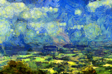 Mountain landscape overlooking the sky and land Illustrations creates an impressionist style of painting.