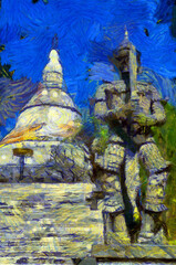 Tall ancient pagoda Illustrations creates an impressionist style of painting.