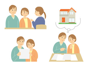 ミドル　シニアの遺産相続　投資　不動産　男女のイラストセット
