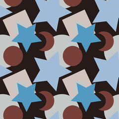 Seamless texture, pattern on a square background - colored geometric shapes - stars, circles, squares, crescents.