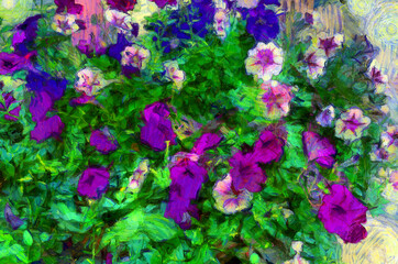 Flower bush of bright purple and white flowers. Illustrations creates an impressionist style of painting.