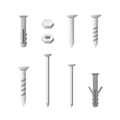 Nails and screws set. Colored vector illustration. Isolated on white background.