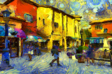 Obraz na płótnie Canvas Italian style architecture village landscape Illustrations creates an impressionist style of painting.