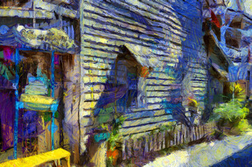 Obraz premium Landscape of an ancient trading village in Thailand Illustrations creates an impressionist style of painting.