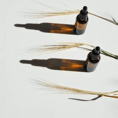 Wheat germ oil. Brown glass bottles set and spikelets of wheat on a beige background.Organic...