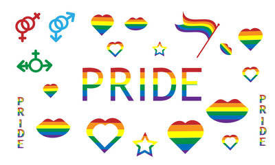 LGBTQ + related symbols set in rainbow colors pride flag, heart, rainbow, love, support, freedom symbols. A month of gay pride. Flat design signs isolated on white background