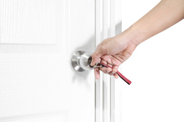 Man hand open door knob or opening white door