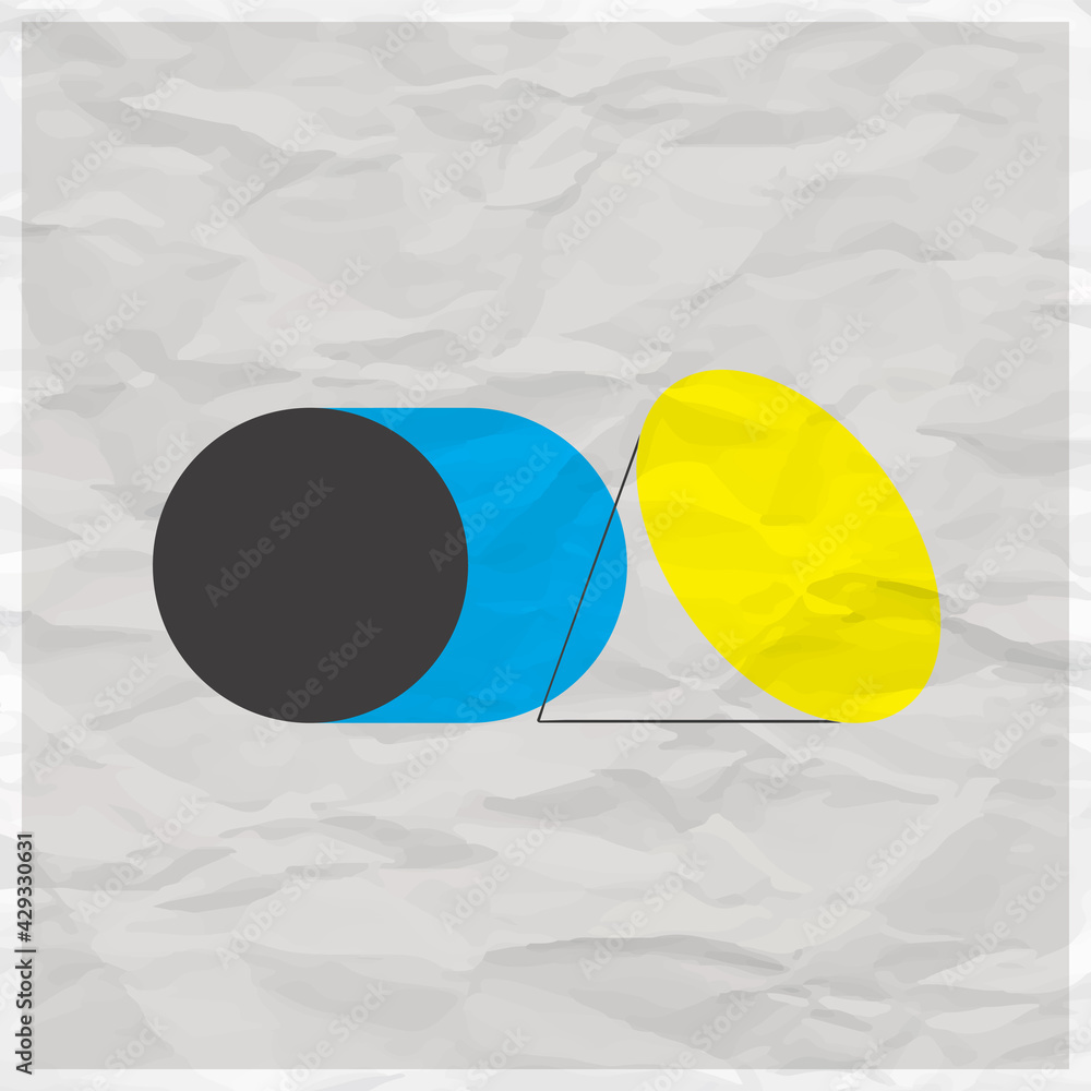 Poster abstract geometric color solids figures still life composition. cylinder and cone on white paper eff
