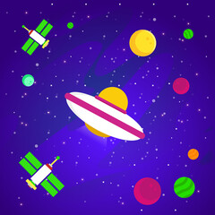 Colorful Space Background Vector Design with Planets, Spaceship, Stars and satellite