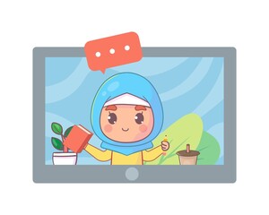 Student video chat online screen on tablet screen Premium Vector
