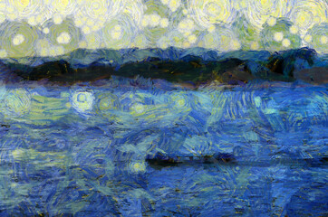 Landscape of the Mekong River in Thailand Illustrations creates an impressionist style of painting.