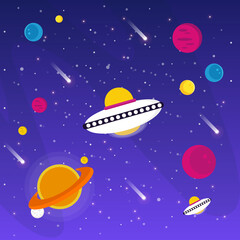 Space Background Design with Gradient color Planets, Spaceships and Meteorites
