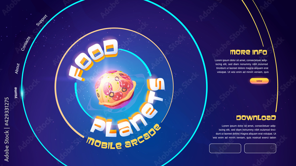 Poster food planets mobile arcade game website with sphere with pizza pattern. vector landing page of onlin