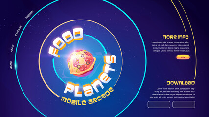 Food planets mobile arcade game website with sphere with pizza pattern. Vector landing page of online game with cartoon illustration of outer space with funny alien pizza planet