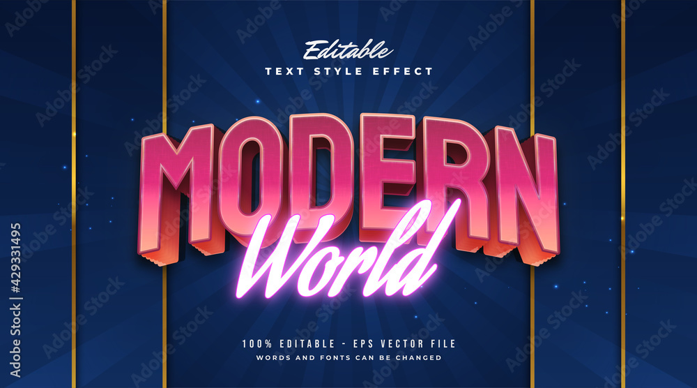 Wall mural colorful modern world text style with embossed and neon effect. editable text style effect