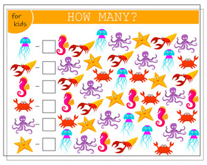 Math game for kids count how many of them there are. crabs, crayfish, octopuses, seahorses, starfish, jellyfish. Vector isolated on a white background
