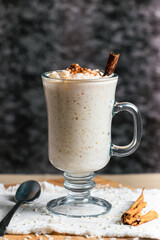 Rice pudding and cinnamon, Mexican dessert, different backgrounds, frontal and overhead