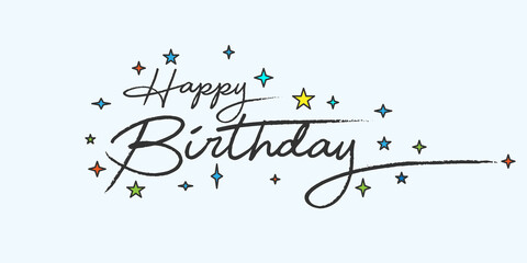 Vector hand drawn of typography happy birthday text with star burst decorative design vector illustraton template