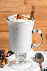 Rice pudding and cinnamon, Mexican dessert, different backgrounds, frontal and overhead