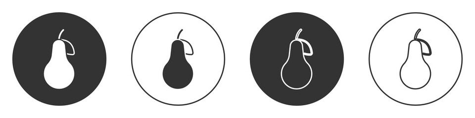 Black Pear icon isolated on white background. Fruit with leaf symbol. Circle button. Vector