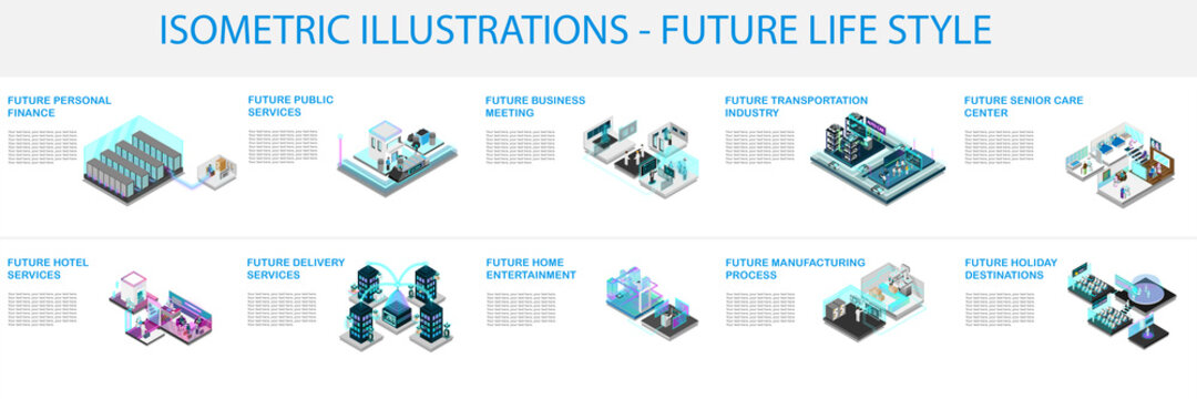 Our future lifestyle in different industries in one illustration. Isometric style.