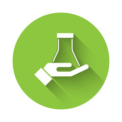 White Test tube and flask chemical laboratory test icon isolated with long shadow. Laboratory glassware sign. Green circle button. Vector