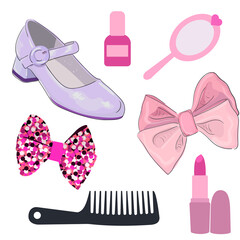 vector illustration of accessories for girls. Pink and lilac objects for children's design. Shoe, bow, comb, lipstick, nail polish, mirror. Pink bow with sequins. women's items for makeup and beauty.