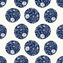 Dotted flower seamless pattern for textile and wrapping design. Spring summer texture. Hand drawing meadow flowers. Vector graphic illustration. Seamless vector texture. Monochrome background